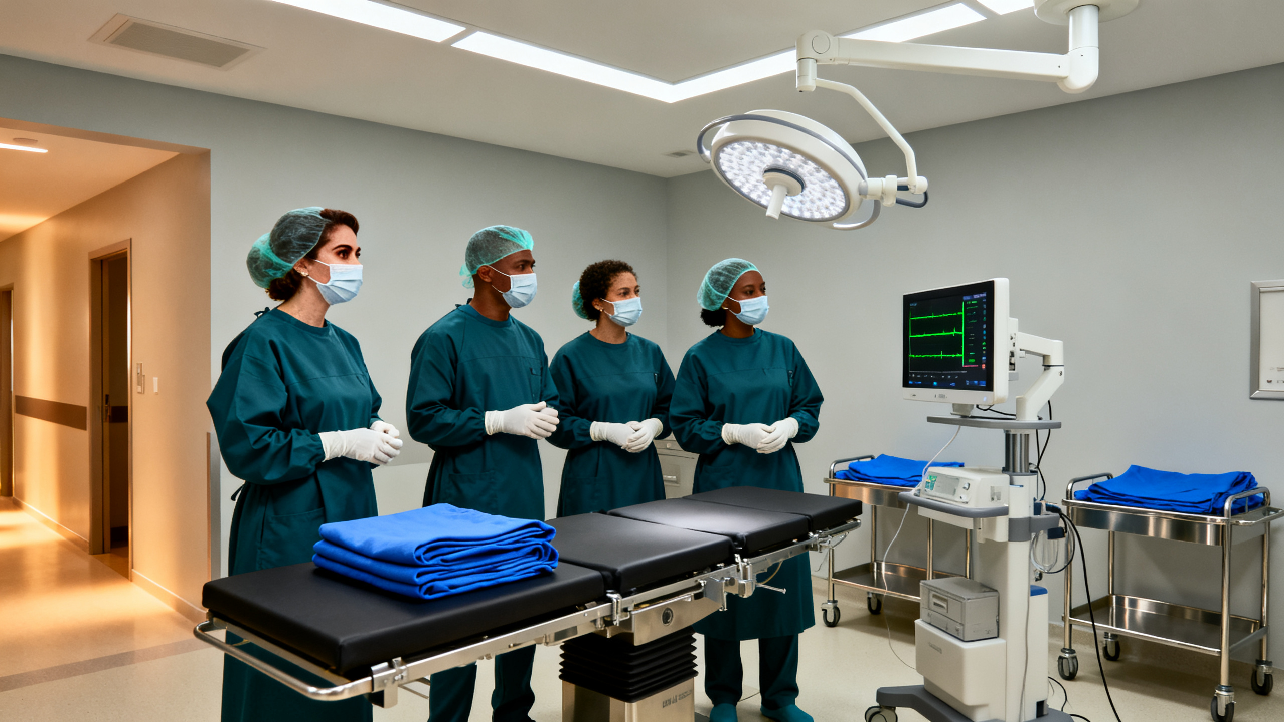 Equipe cirúrgica paramentada no centro cirúrgico do hospital parceiro, com a mesa preparada e vazia.